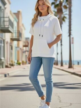 Tribal White Short-Sleeve Waffle Hoodie Coastal Beachy Boat